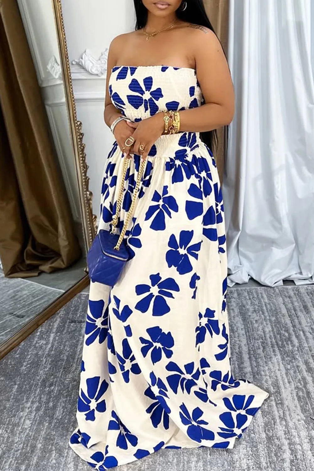 Plus Size Vacation Blue Graphic Pocket Smocking Two Piece Skirt Sets