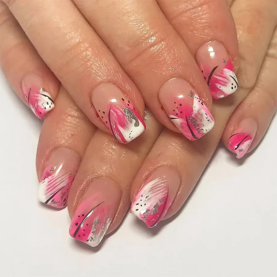 24Pcs Short Square Press on Fake Nails with French Stripe Pink Glitter Nail Set Art Finished Wearable Full Cover False Nail Tips