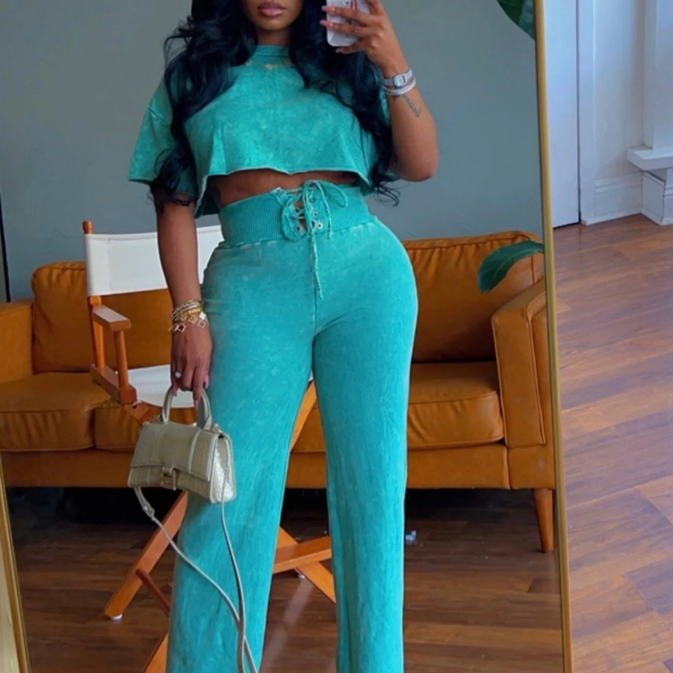 CM.YAYA Women's Set Tie Dye Print O-neck Short  Sleeve Crop Top +Pants Suits Street Sweatsuit Two 2 Piece Set Outfit Tracksuit