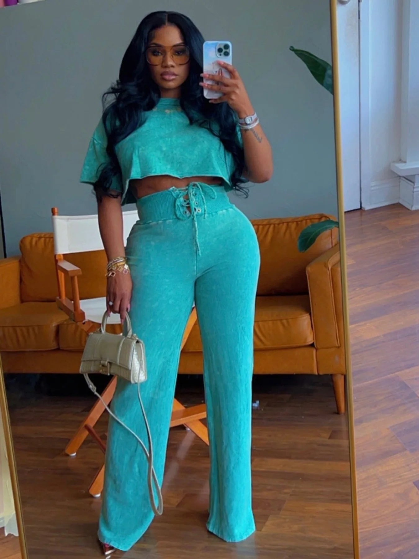 CM.YAYA Women's Set Tie Dye Print O-neck Short  Sleeve Crop Top +Pants Suits Street Sweatsuit Two 2 Piece Set Outfit Tracksuit