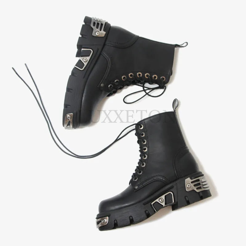 Punk Style Platform Women Ankle Boots Women's Motorcycle Boot Fashion Ladies Chunky Shoes Metal Decor Black BIG Size