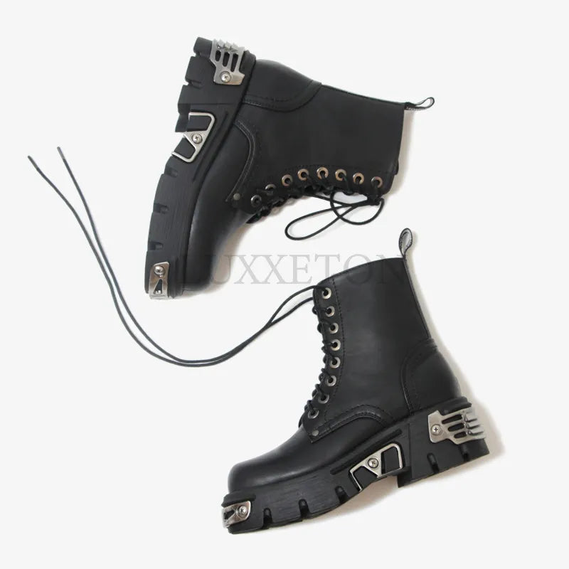 Punk Style Platform Women Ankle Boots Women's Motorcycle Boot Fashion Ladies Chunky Shoes Metal Decor Black BIG Size