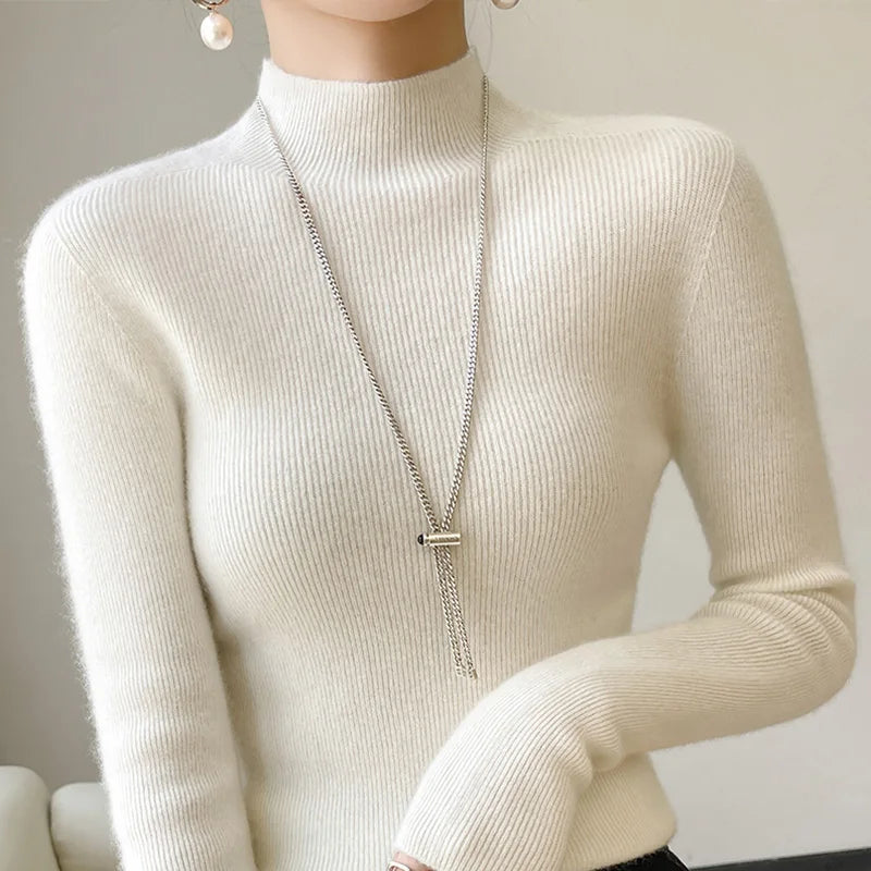 2022 Autumn and Winter Women's Cashmere Sweater Pullover Half Turtleneck Casual Fashion Pure Color High Quality Warmth Comfort white