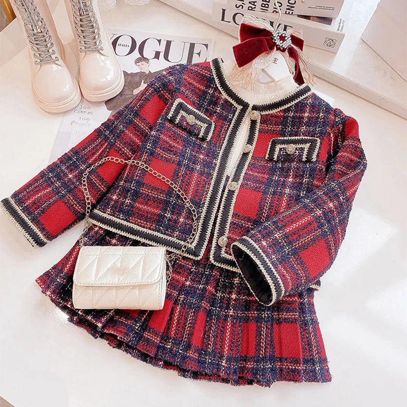 Girls Classic New Uniform Clothes Sets Winter Casual Luxury 2Pcs Sets Princess Jacket Skirt Birthday for 1-8Years Children Suits AS PICTURE 2