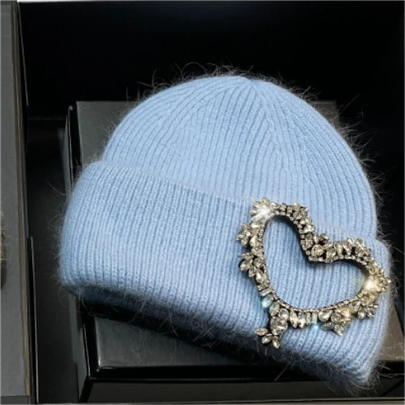 Luxury Rhinestones Heart Pattern Knitted Hats for Women Winter Warm Beanie Knit Bonnet Outdoor Wool Skullies Skiing Cap Light Blue