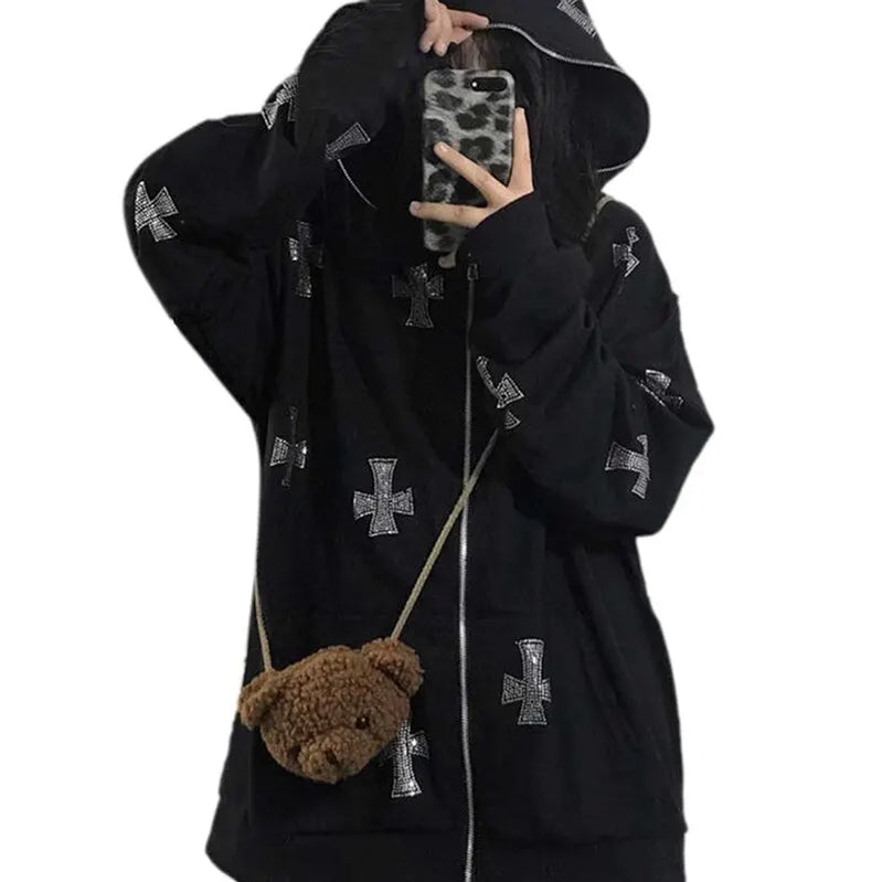 Women Full Zip Hoodies Long Sleeve Rhinestone Cross Pattern Loose Sweatshirts