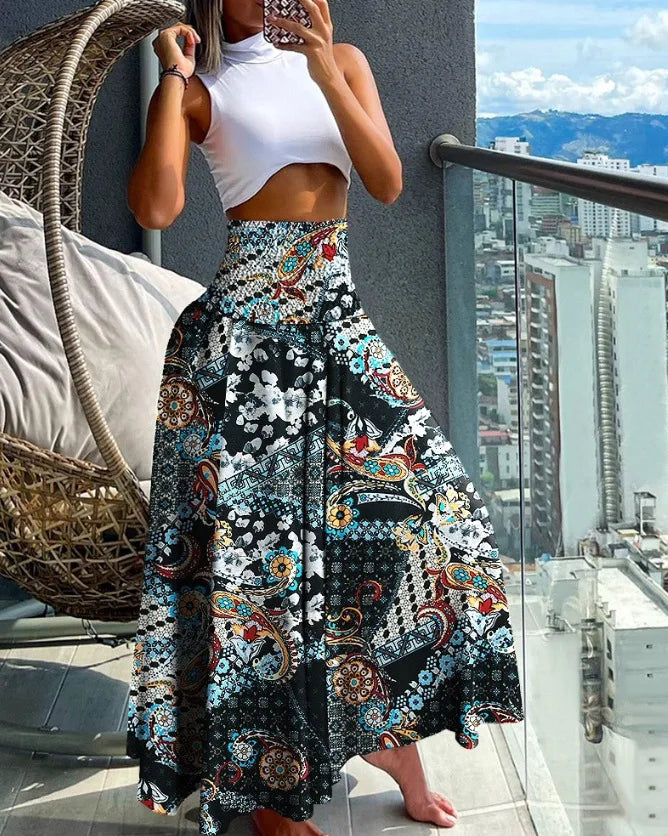 CM.YAYA Women Fashion Bandanna Paisley Big Swing High Waist Maxi Skirt Streetwear 2024 Boho Vintage Casual Long Skirts