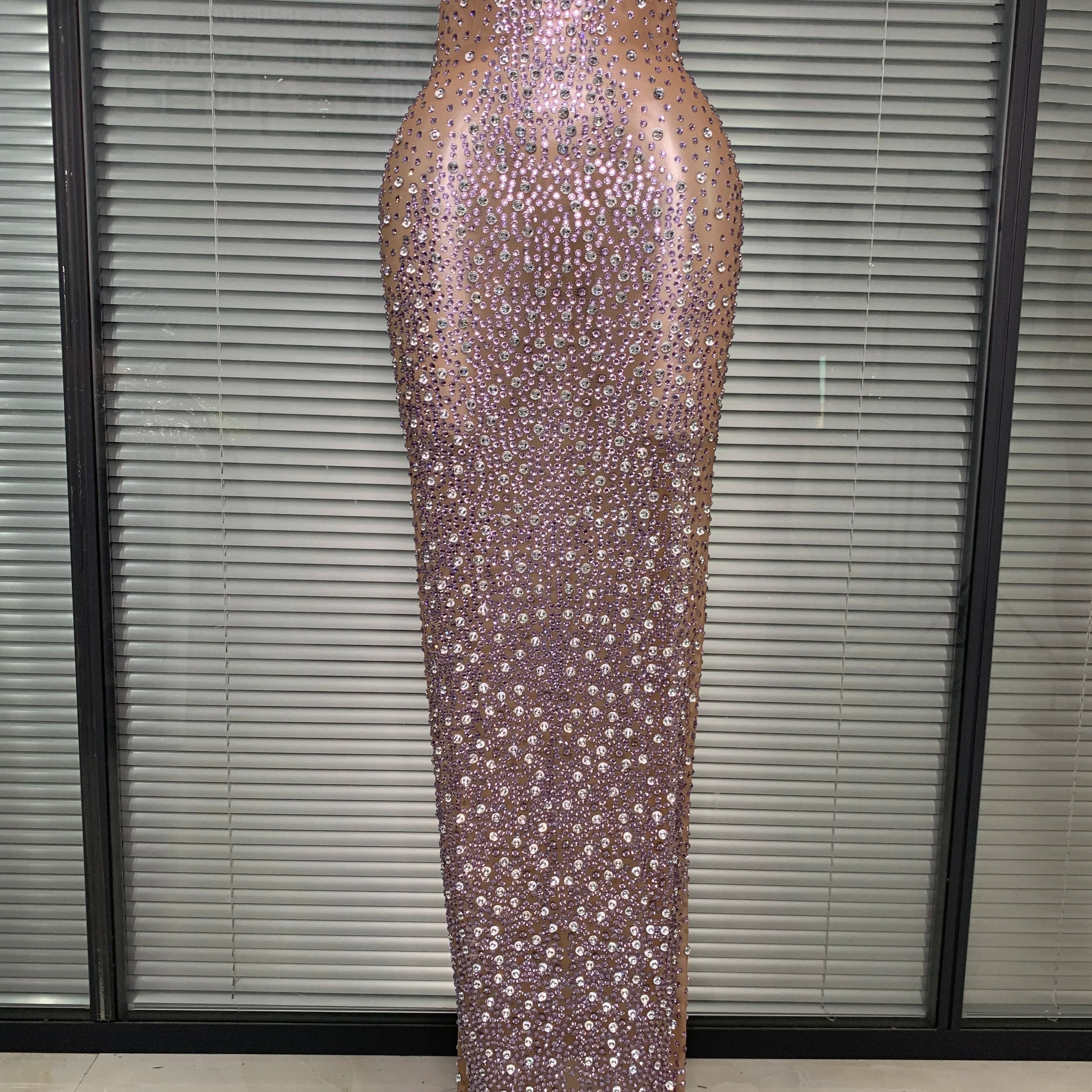 Women Sexy Mesh Crystal Diamonds Shinning Maxi Dress See Through Sheer Party Singer Stage Performance Costume