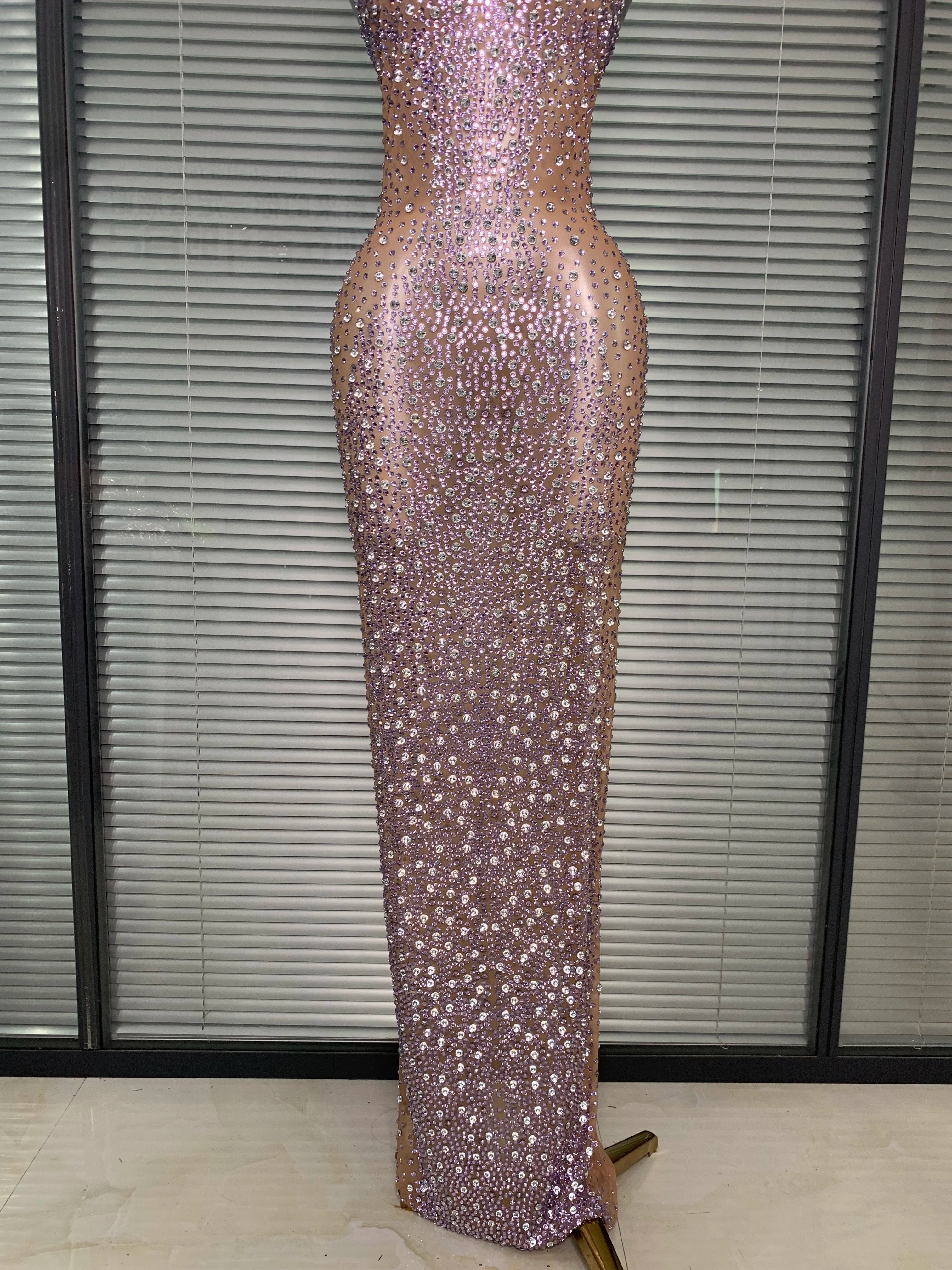 Women Sexy Mesh Crystal Diamonds Shinning Maxi Dress See Through Sheer Party Singer Stage Performance Costume