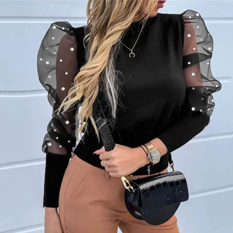 Lady Embroidery Lantern Sheer Mesh Sleeve Blouse shirts Women Autumn Polka Dot Print Blusa pullovers Elegant see through tops