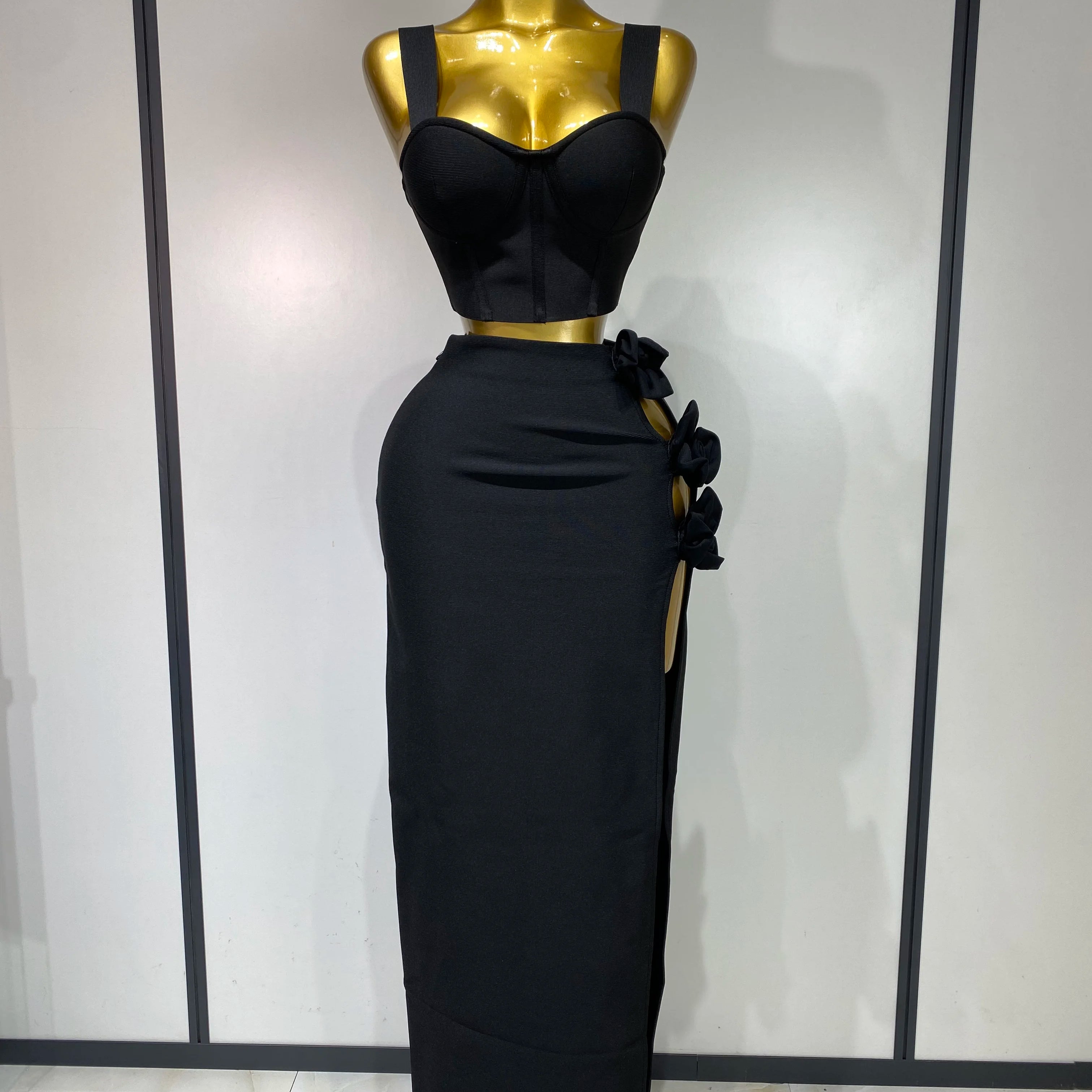 Summer New 2025 Women Sexy Flower Black Red Bandage Two Piece Set Celebrity Evening Party Skirt Suits Luxury Birthday Outfit
