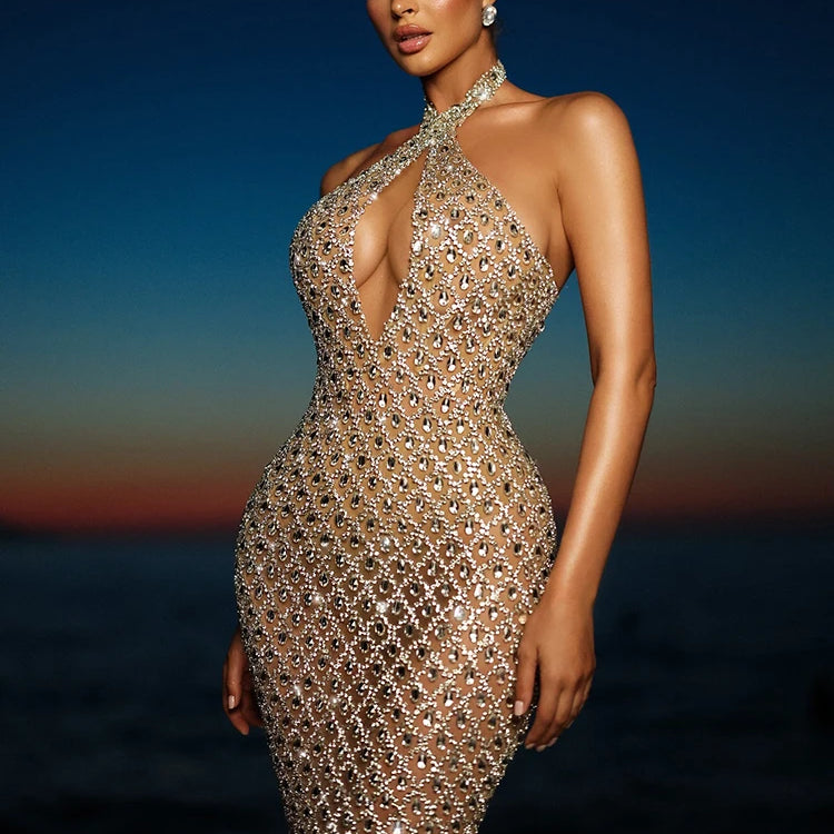 VC Beige Halter Mermaid Long Dress Key Hole Backless Sequins Sleeveless Celebrity Maxi Evening Party Gowns Vestidos