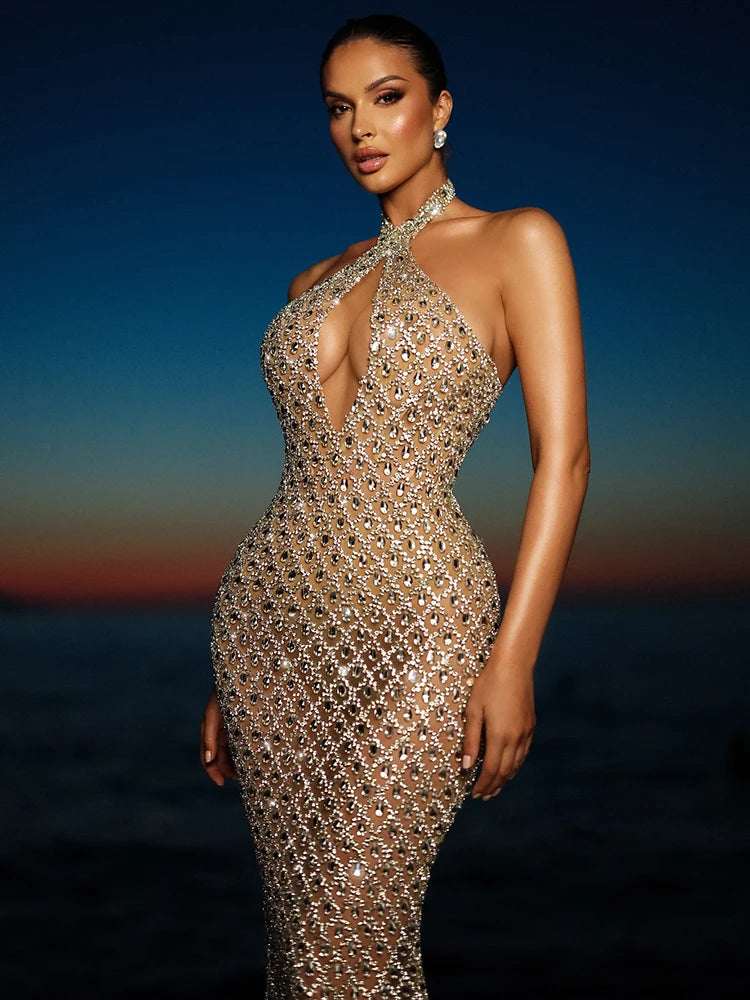 VC Beige Halter Mermaid Long Dress Key Hole Backless Sequins Sleeveless Celebrity Maxi Evening Party Gowns Vestidos