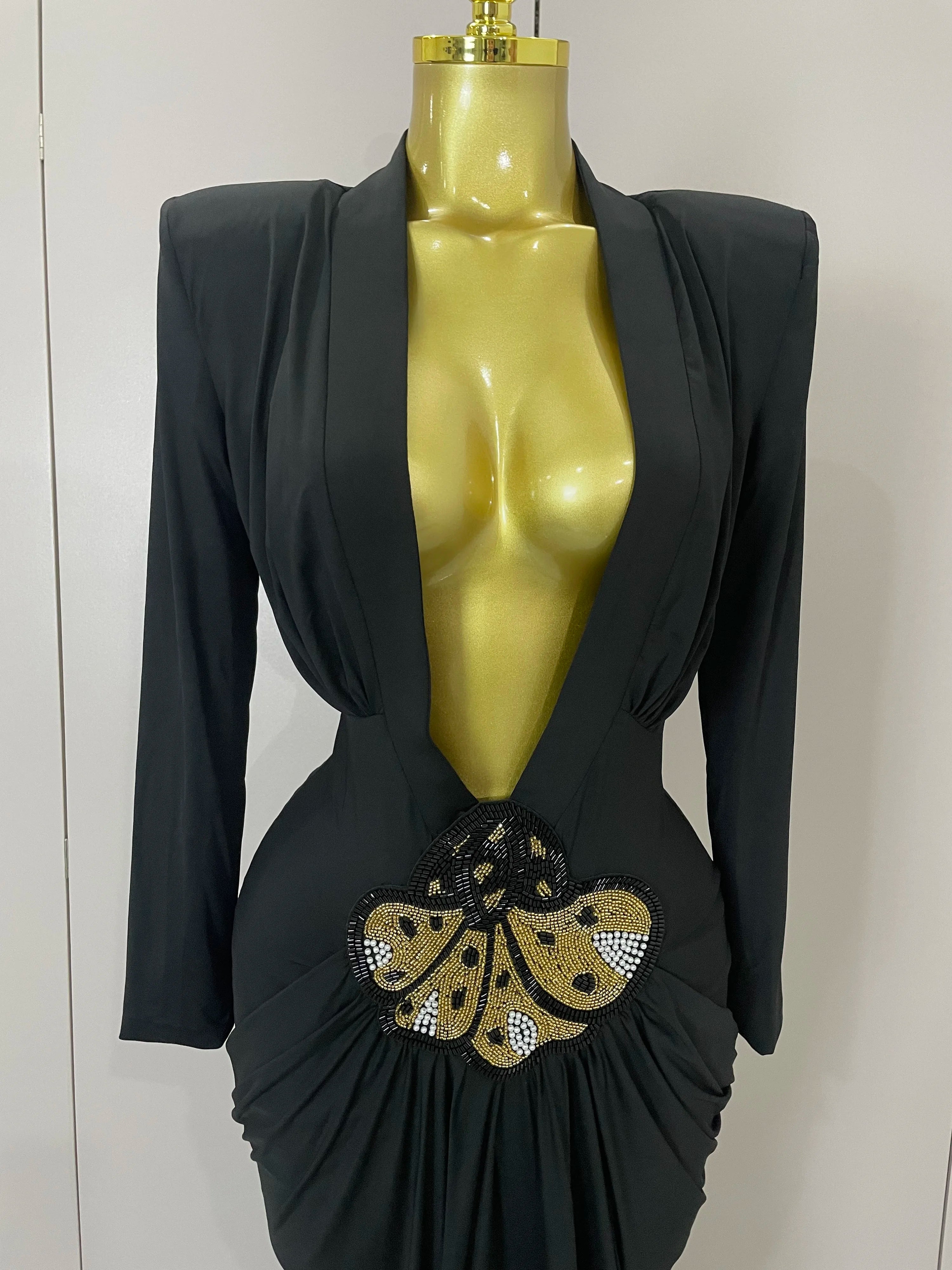 Sexy Deep V-Neck  Long Sleeve Bodycon Long Dress 2025 New Women Spring Elegant Evening Party Celebrate Cocktail Outfit Vestido