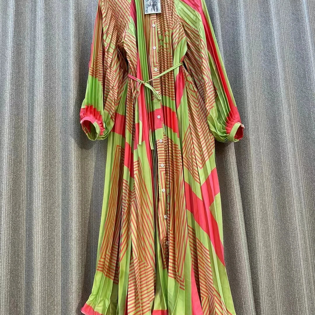 French Chic Print Pleated Maxi Party Dress For Women Retro Single Breasted Long Sleeve A-line Autumn Casual Vacation Female Robe Pink yellow One Size