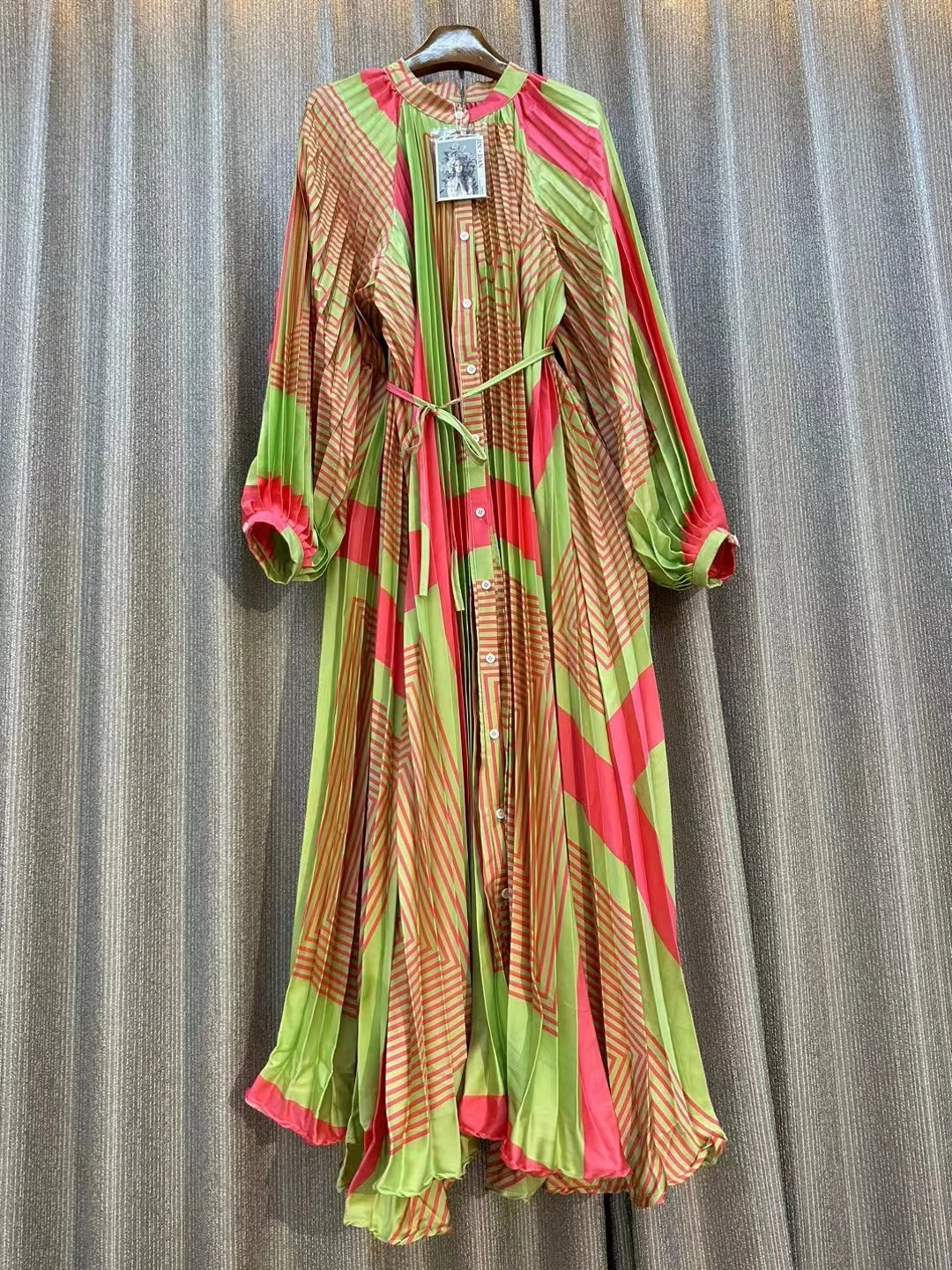 French Chic Print Pleated Maxi Party Dress For Women Retro Single Breasted Long Sleeve A-line Autumn Casual Vacation Female Robe Pink yellow One Size