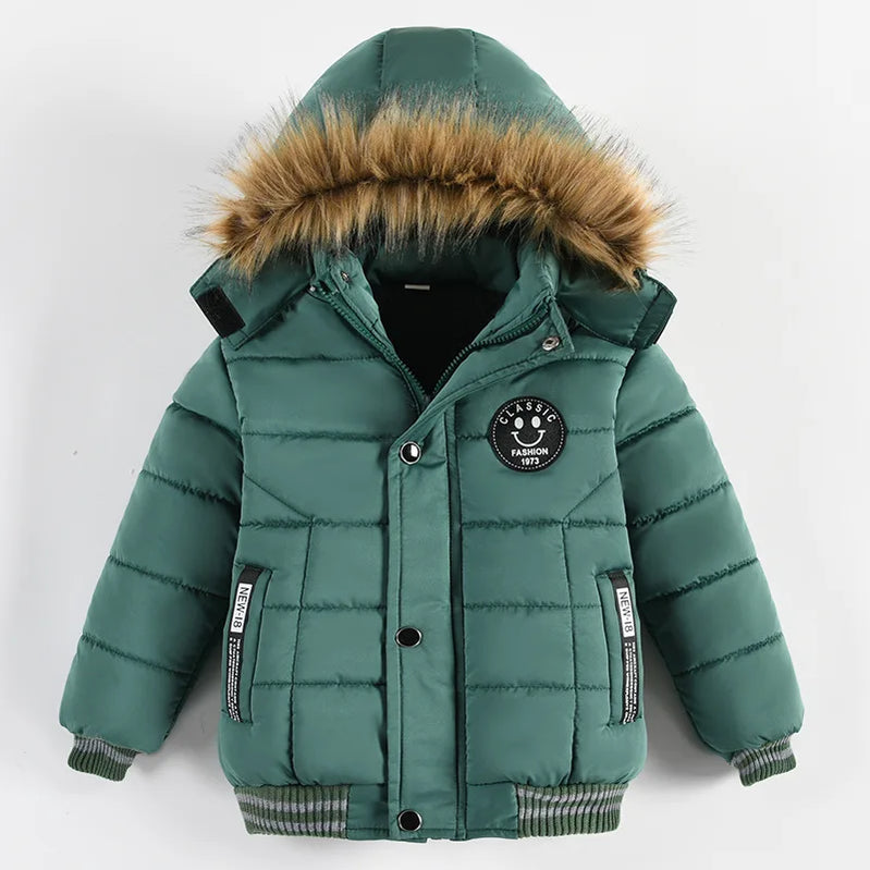 Winter Boys Jacket Warm Fur Collar Parkas Fashion Baby Girls Thicen Coats Hooded Zipper Casual All-match Outerwear Kids Clothes green
