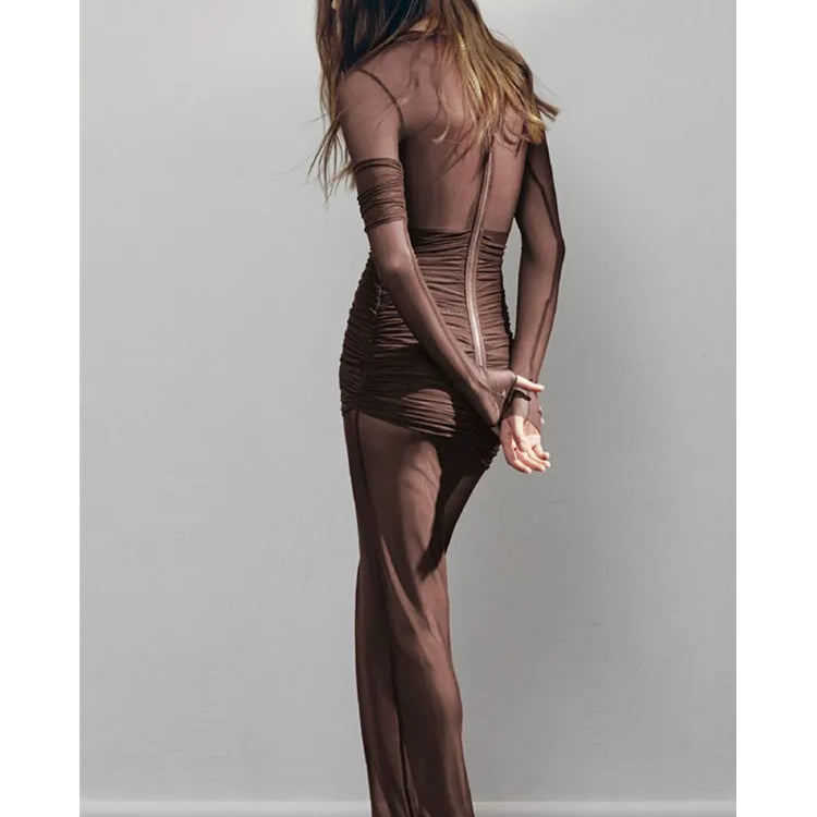 Fashion Women Sexy Long Sleeve Brown Beige Mesh Ruched Maxi Long Bodycon Dress 2025 Elegant Evening Club Party Clothing