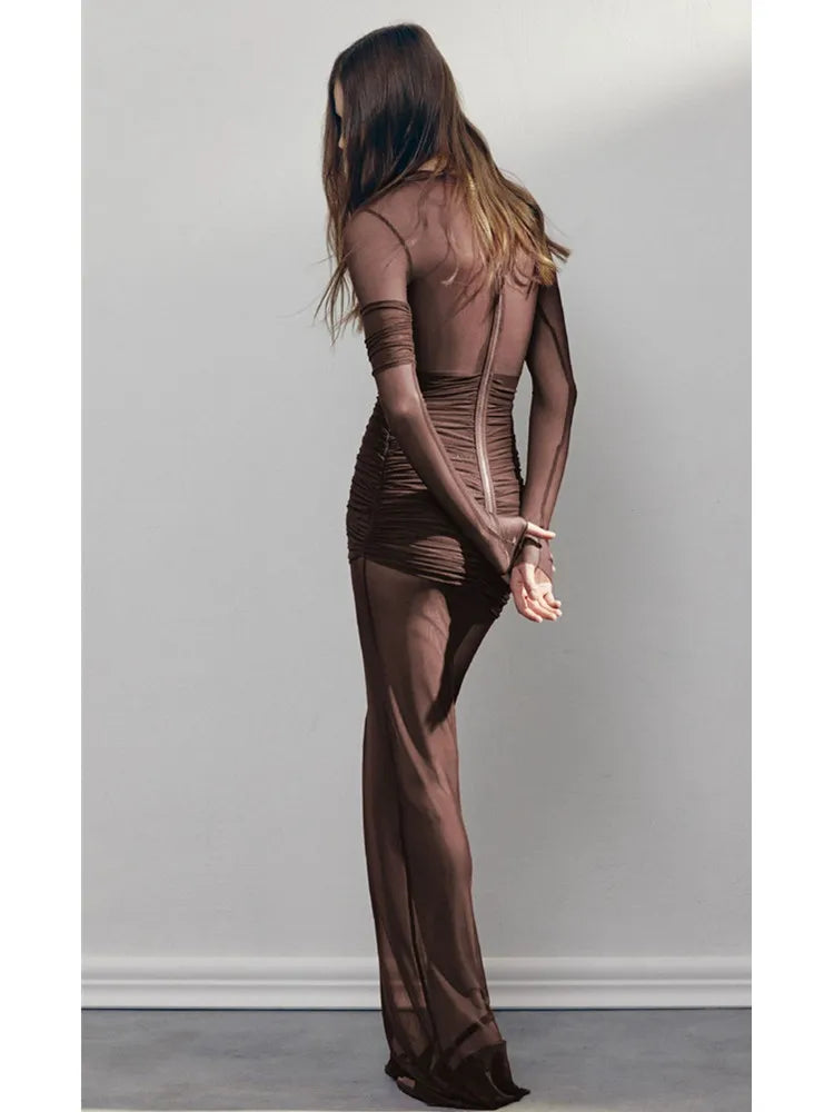 Fashion Women Sexy Long Sleeve Brown Beige Mesh Ruched Maxi Long Bodycon Dress 2025 Elegant Evening Club Party Clothing