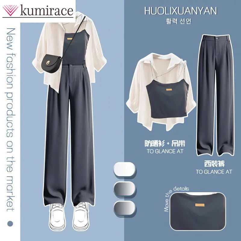 Large Women's Summer Set 2023 New Fashionable Shirt with Hanging Straps and Wide Leg Pants Three Piece Set Y2k Clothes Women