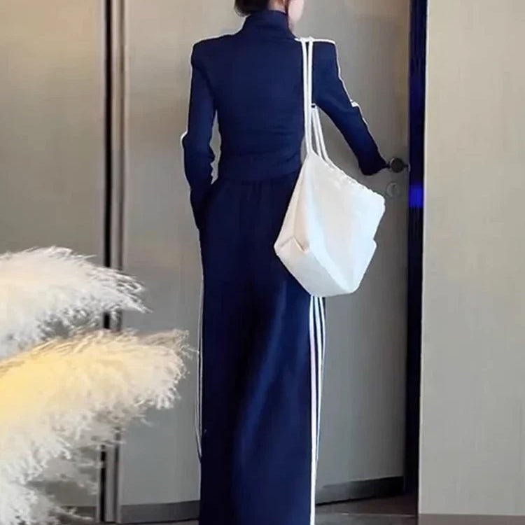 Striped Sports Set Women's Autumn/Winter Fashion Contrast Color Zipper Coat Long Sleeve Casual Wide Leg Pants Two Piece Set