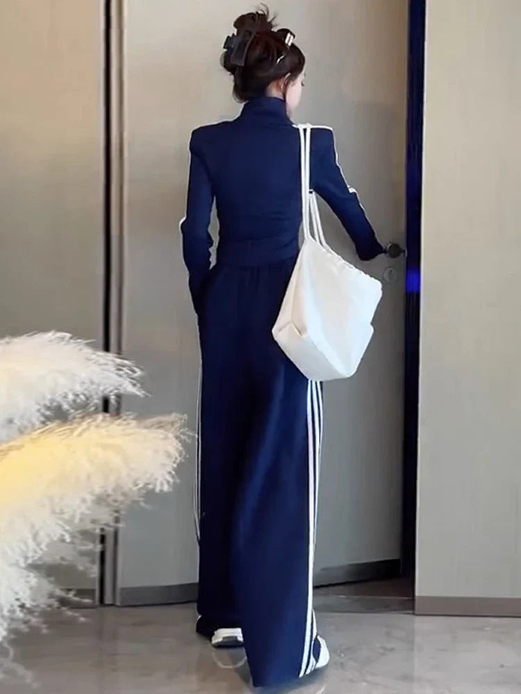 Striped Sports Set Women's Autumn/Winter Fashion Contrast Color Zipper Coat Long Sleeve Casual Wide Leg Pants Two Piece Set