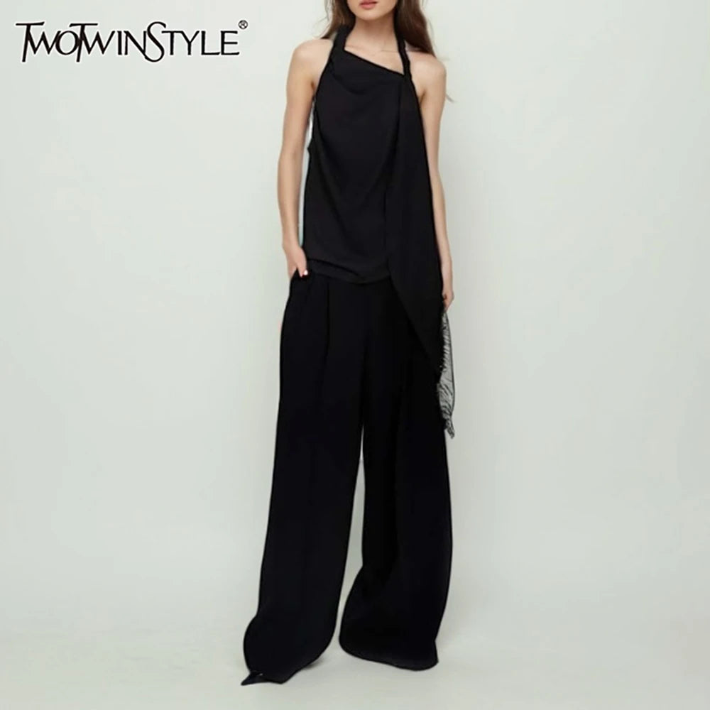 TWOTWINSTYLE Solid Loose Two Piece Sets for Women Halter Neck Sleeveless Irregular Top High Waist Wide Leg Pants Set Female New