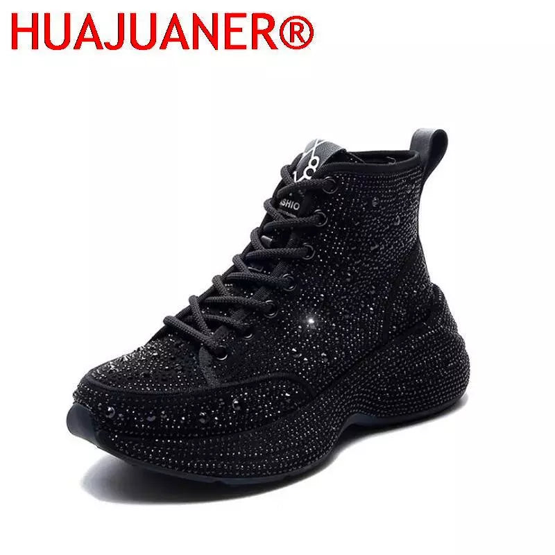 Shiny Rhinestones Thick Sole Autumn Winter Short Ankle Women Boots Women's Shoes for Woman Booties Boots for Women Black