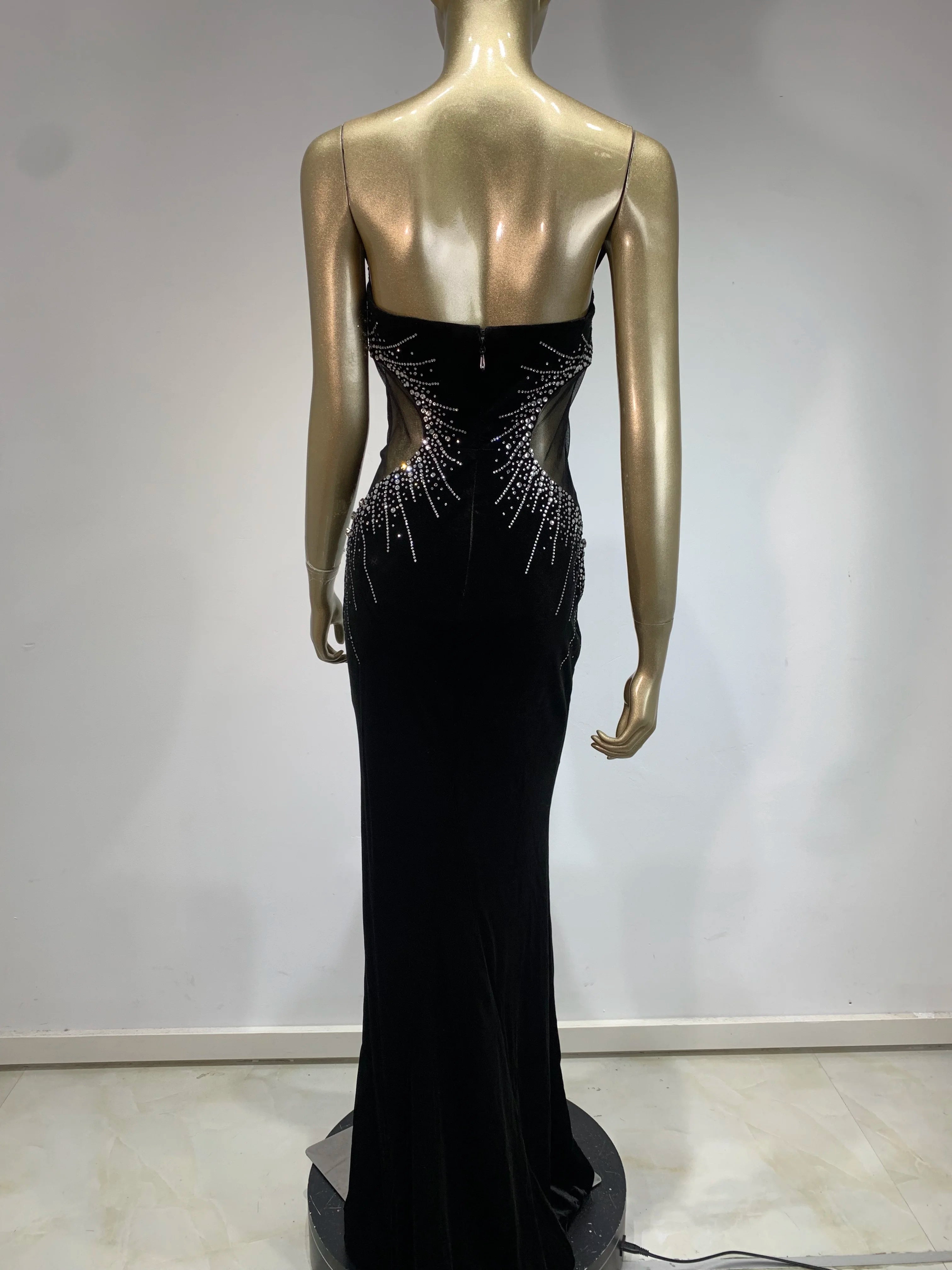 Women Luxury Sexy Strapless Diamonds Crystal Black Maxi Long Gowns Dress 2024 Elegant Evening Party Club Dress Vestido