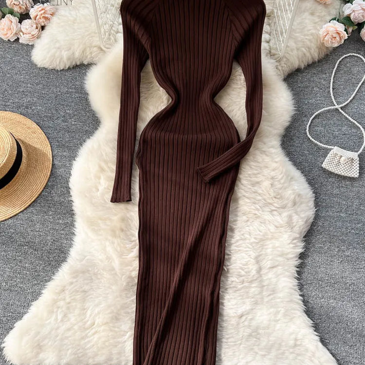 Winter Women Knit Maxi Dress O Neck Autumn Long Sleeve Slim Solid Harajuku Ladies Fashion Pencil Sweater Long Dresses