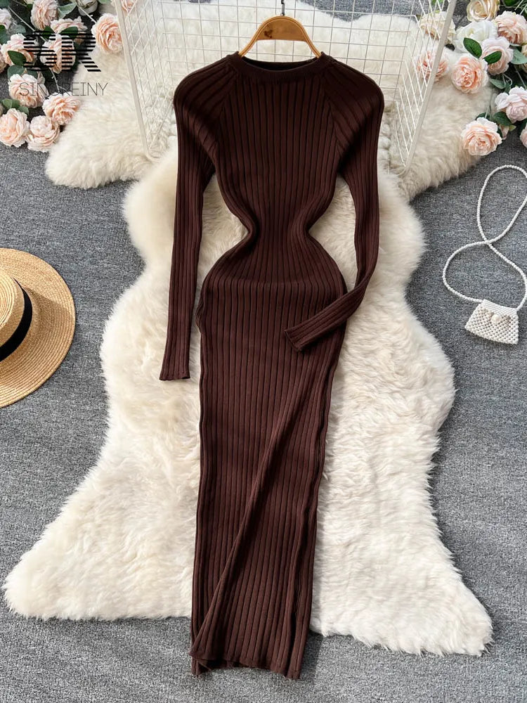 Winter Women Knit Maxi Dress O Neck Autumn Long Sleeve Slim Solid Harajuku Ladies Fashion Pencil Sweater Long Dresses