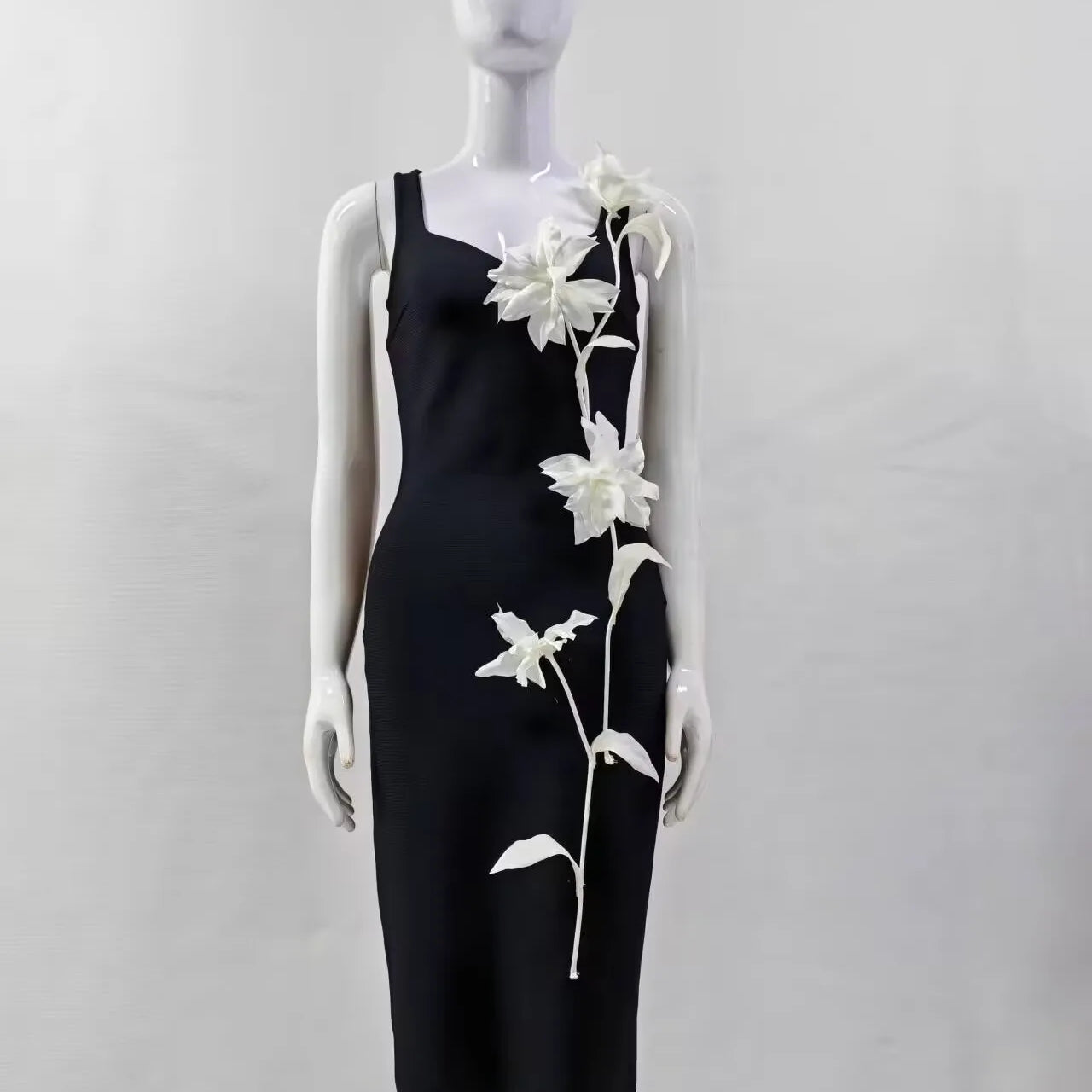 Women Sleeveless Sexy O-Neck Flowers Bodycon Mid-calf Bandage Dress Birthday Party Celebrate Cocktail Dress