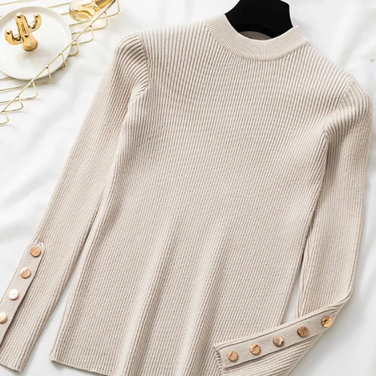 Casual Autumn Winter Women Thick Sweater Pullovers Button Long Sleeve O-neck chic Sweater Female Slim Knitted Soft Jumper Tops