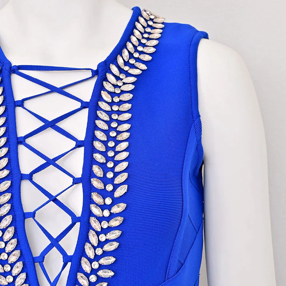 2025 Spring Sexy Women's Drawstring Nail Diamond Design Bandage Dress Sleeveless Bodycon Blue Mini Dress Evening Party Vestidos