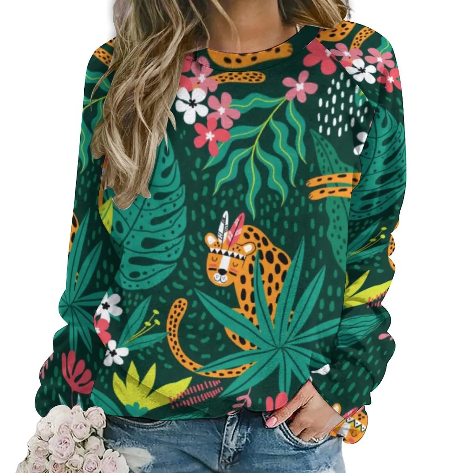 Jungle Cheetah Casual Hoodies Female Leopard Skin Green Leaves Print Hoodie Long Sleeve Street Fashion Oversized Sweatshirts style-10