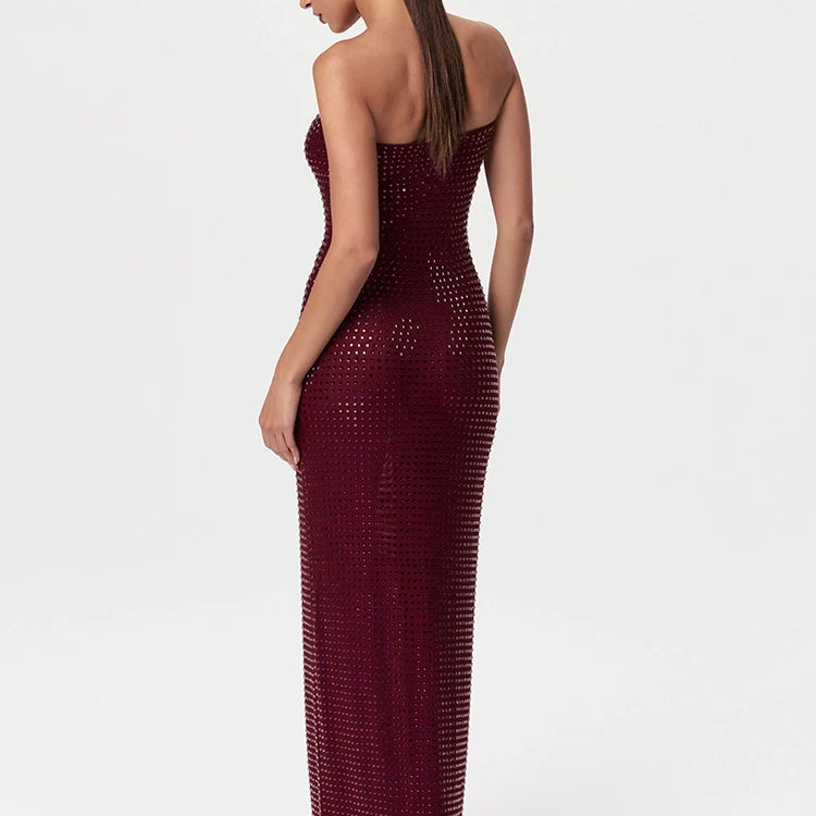 VC Redwine Beaded Strapless Long Maxi Dress For Women Elegant Sleeveless Backless Sparkle Crystals Bodycon Cocktail Evening Gown