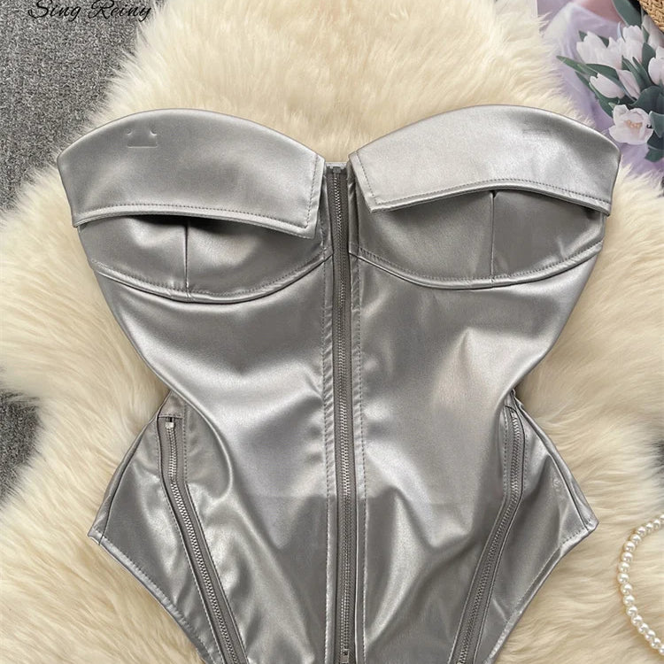 SINGREINY Strapless PU Leather Short Tank Top Fashion Zipper Design Slim Chic Backless Camis Ladies Streetwear Club Sexy Top sliver One Size