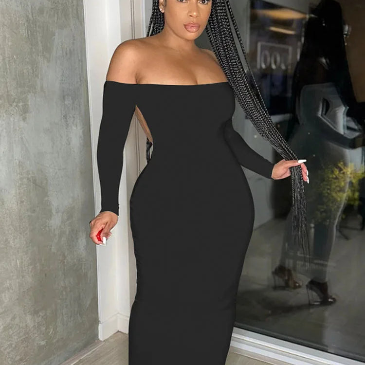 Sexy Off the Shoulder Slash Neck Party Dress Women Clothing Night Club Backless Ruched Bodycon Dresses Long Sleeves Vestidos black