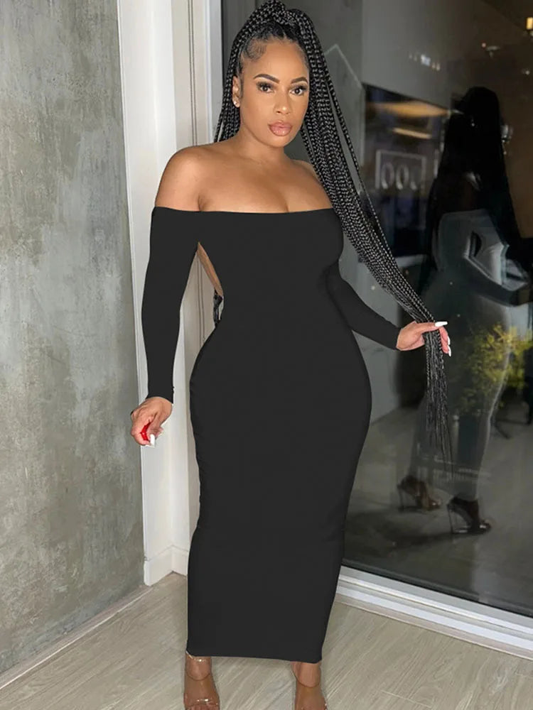Sexy Off the Shoulder Slash Neck Party Dress Women Clothing Night Club Backless Ruched Bodycon Dresses Long Sleeves Vestidos black