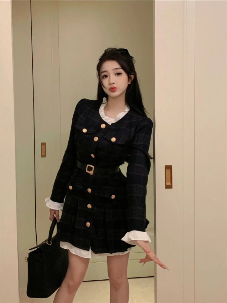French Vintage Autumn Women Korean Fashion Elegant Party Mini Dress Female Long Sleeve Sweet One-piece Dress