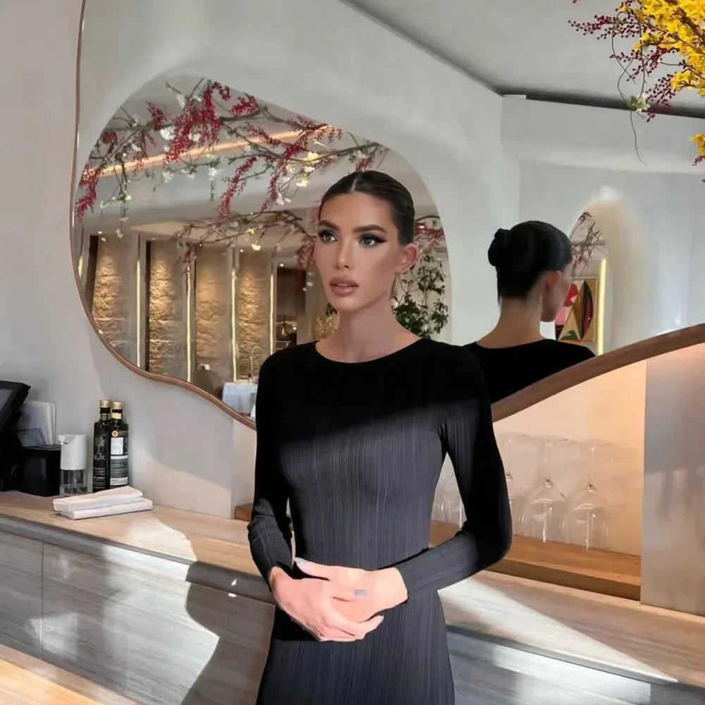 Women Spring Solid Maxi Long Sweater Dress Elegant Casual Fashion Pullover Bodycon Slim Streetwear Knitted Dress Autumn black LYQ197