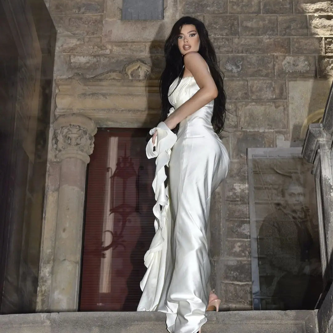 Women Sleeveless Sexy V-Neck Ruffles Bodycon Long Maxi Dress Satin Nightclub Party Celebrate Dress Wholesale