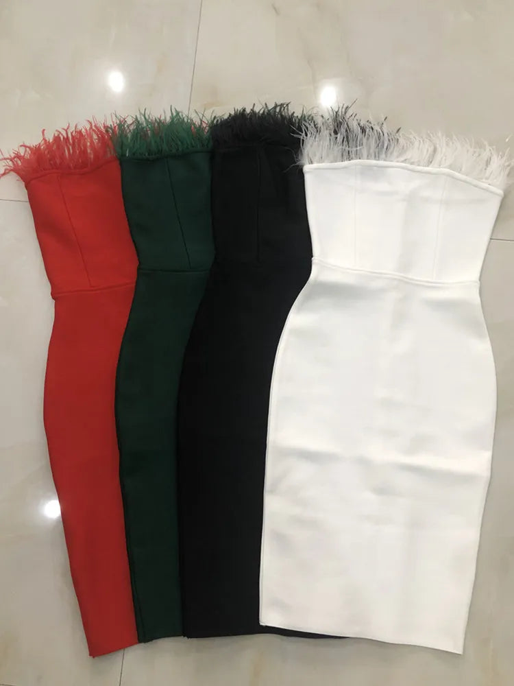 Summer Sexy Strapless Backless Feather Black Midi Women Bodycon Bandage Dress Designer Fashion Party Club Dress Vestido