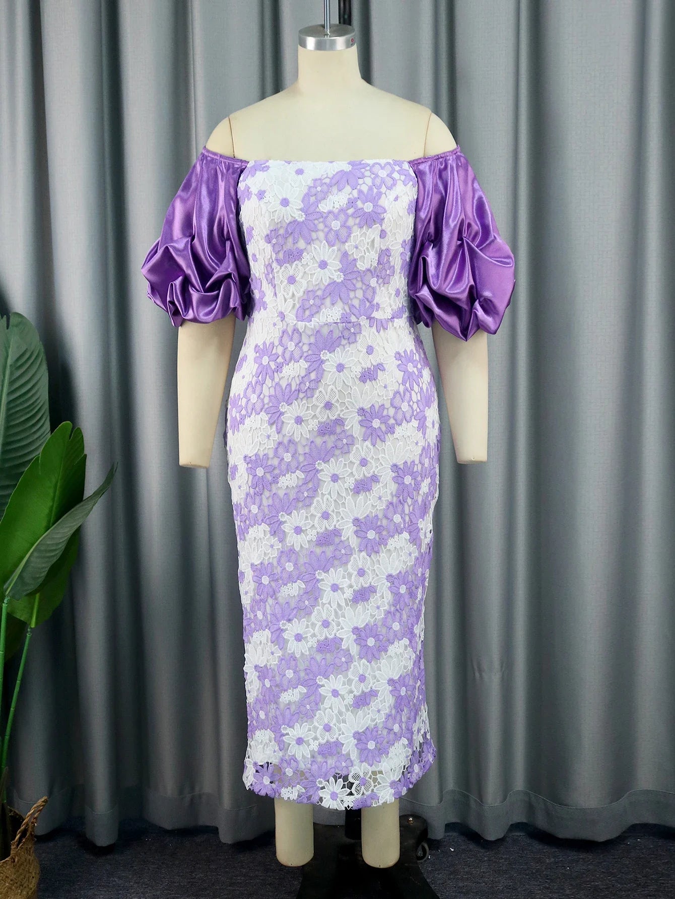 Women Bodycon White Purple Lace Dress Off Shoulder Puff Sleeves Event Birthday Wedding Guest Occasion Gowns African Plus Size