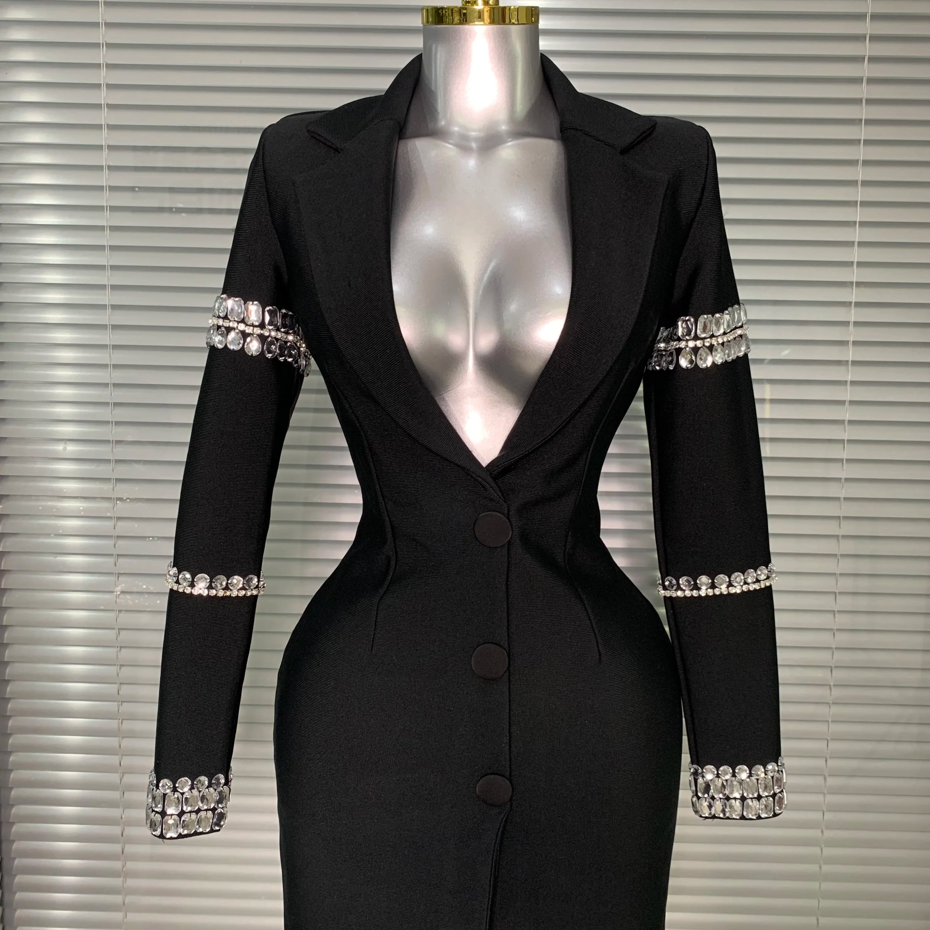 Brand New 2025 Women Sexy Deep V Neck Long Sleeve Beaded Blazer Bandage Dress Elegant Evening High Street Party Dress