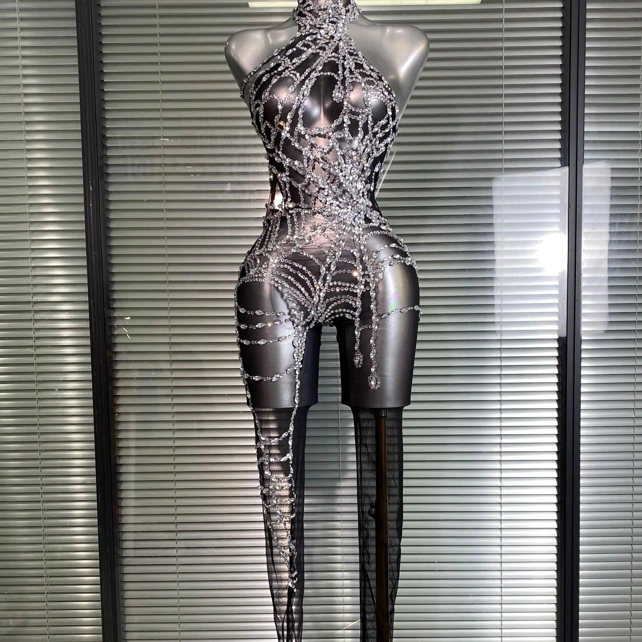 Women Sexy Crystal Jumpsuit Celebrity Designer Spider Web Stretchy Mesh Sheer Black Skin Singer Dancer Stage Night Club Rompers