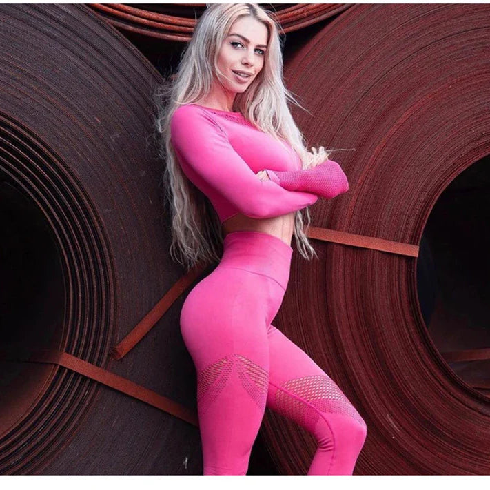 Seamless Yoga Set Sport Outfits Women 2pcs Two Piece Hollow Long Sleeve Crop top Leggings Workout Wear Gym Suit Fitness Sets Rose Red Set