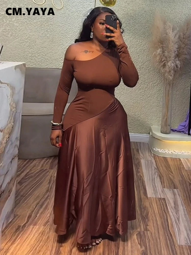 CM.YAYA Women One Shoulder Full Sleeve Maxi Long Dress 2025 Summer Patchwork Vintage Birthday Sexy Club Party Evening Dresses
