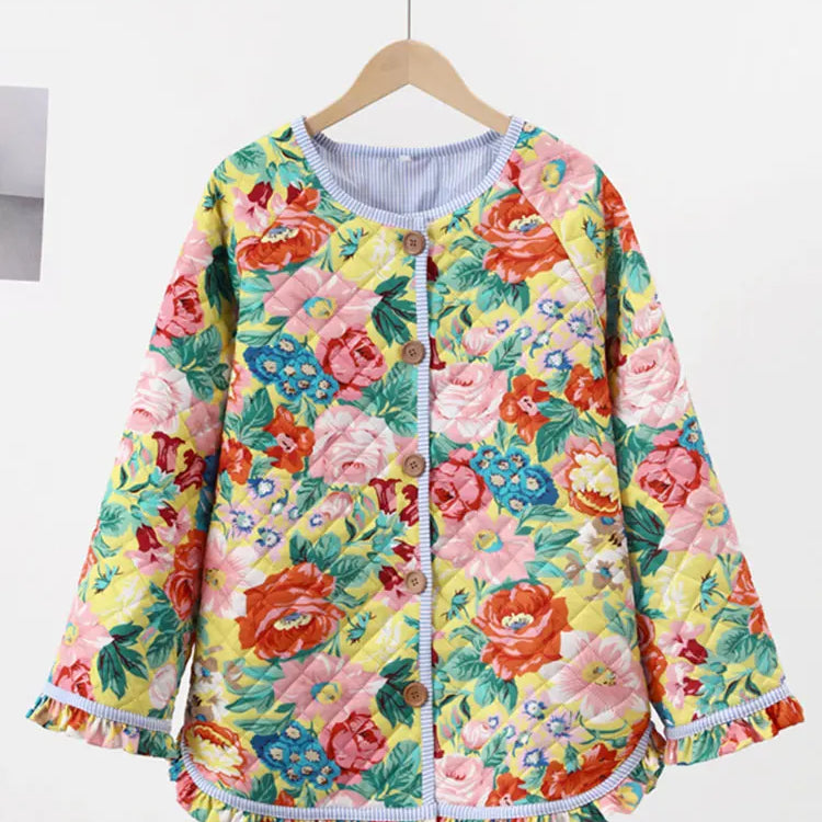 TRAFZA Women's Flower Print Coat Quilted Reversible Long Sleeve Open Front Two In One Jackets Autumn Vintage Streetwear