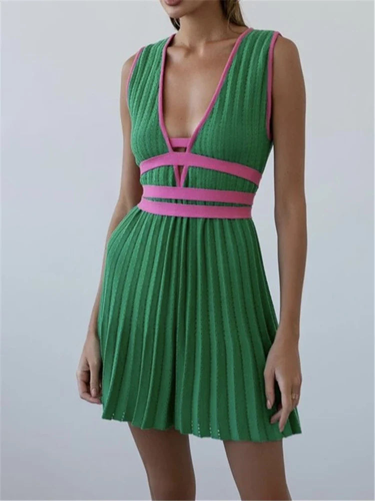 REALEFT Summer Deep V-Neck Knitted Women's Dresses High Waist Lace Up Casual Sleeveless Solid Sexy Mini Dresses Female Ladies green One Size